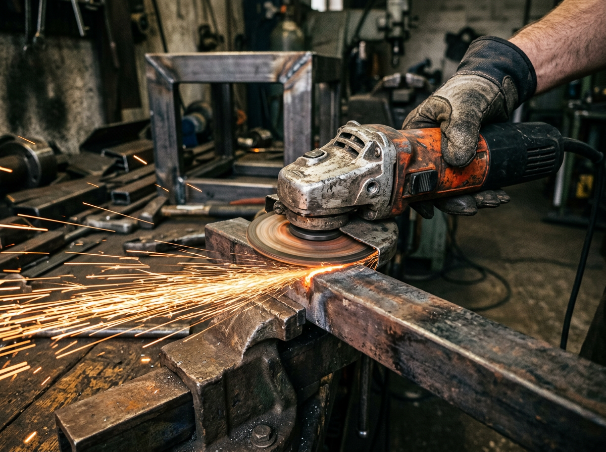Gloved worker grinding a steel bar with an angle grinder, producing sparks
