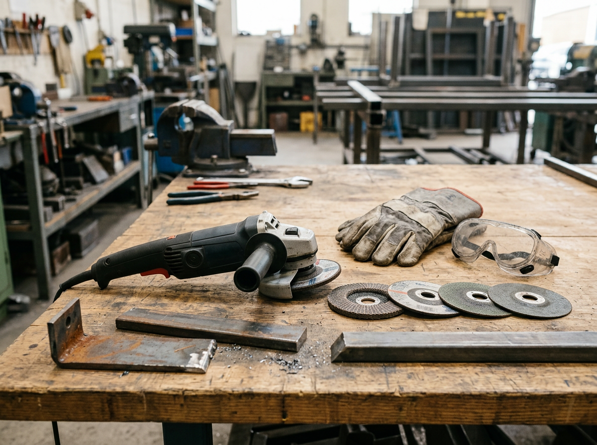 Angle grinder, safety gloves, goggles, abrasive discs, and steel pieces on a workshop bench