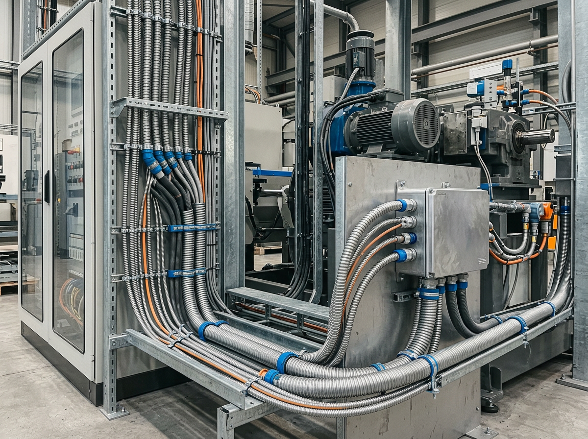 Industrial machine with bundled conduits, wiring, motors, and control boxes