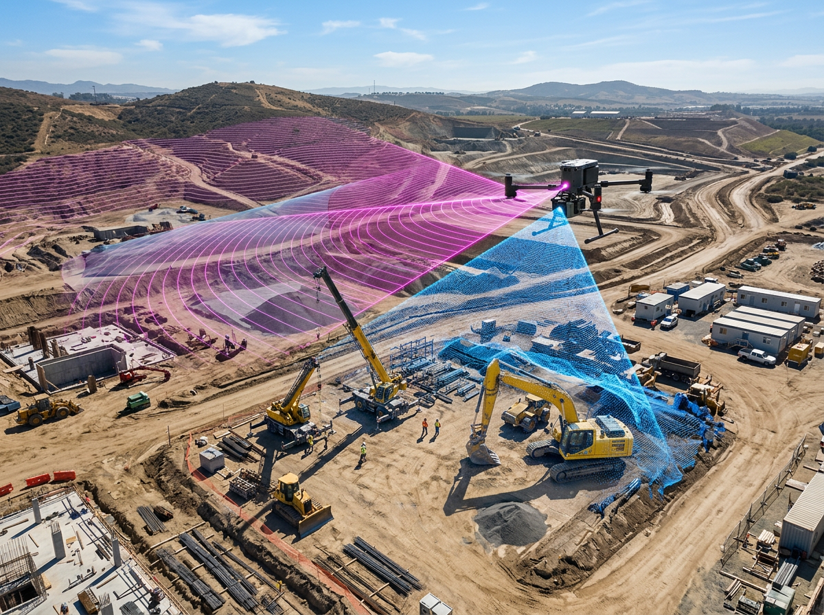 Drone scanning an active construction site with colorful mapping overlays
