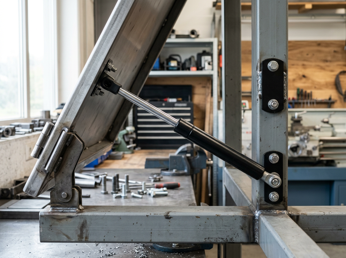 Gas strut supporting a raised metal panel in a workshop